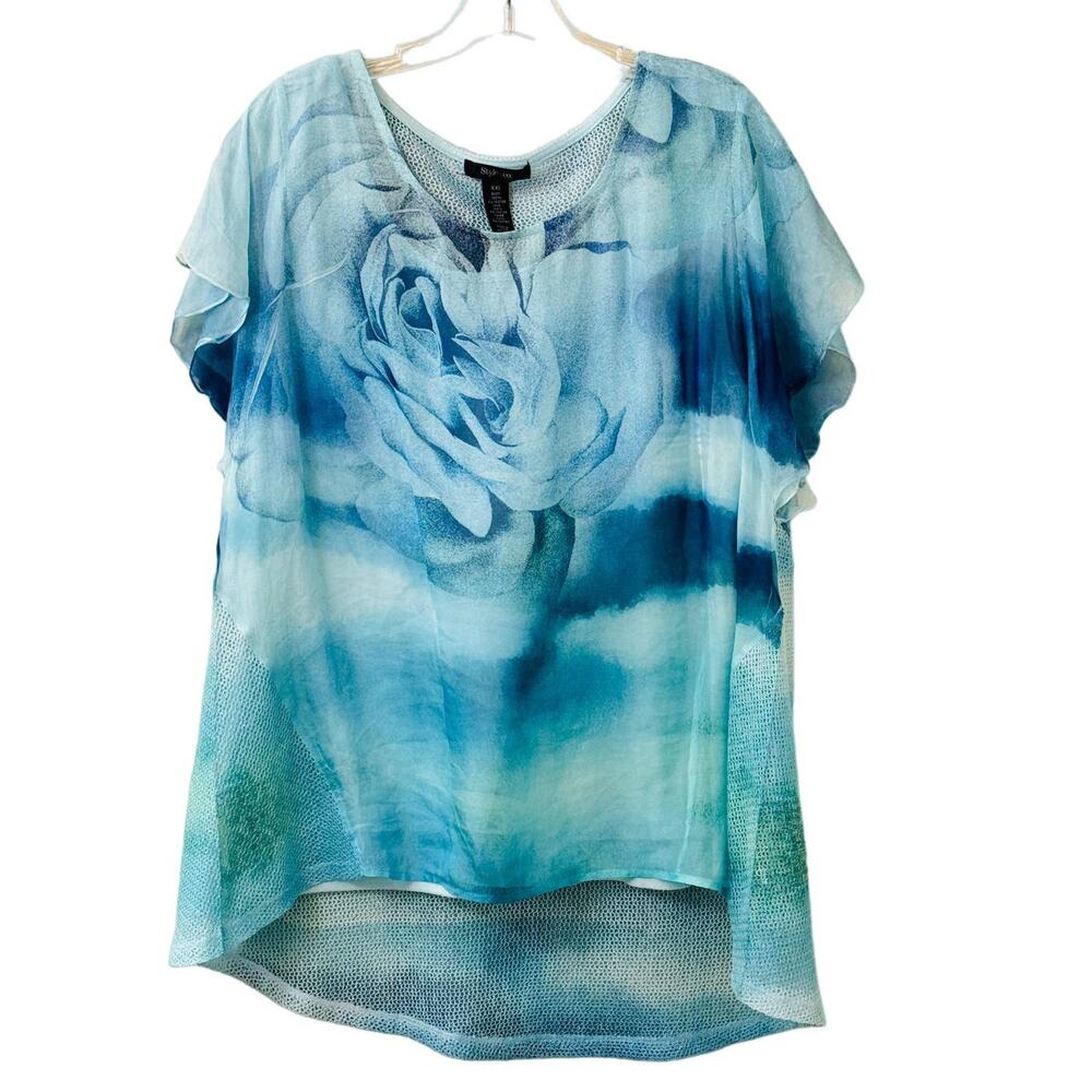 Style & Co Women's Teal Floral Blouse Sheer Front Netting Back Tank Top Size XXL